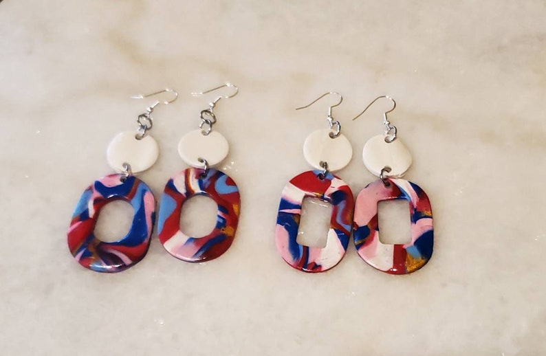 oval circle pink and white Polymerclay dangle drop statement earrings sterling silver Irresistible splatter