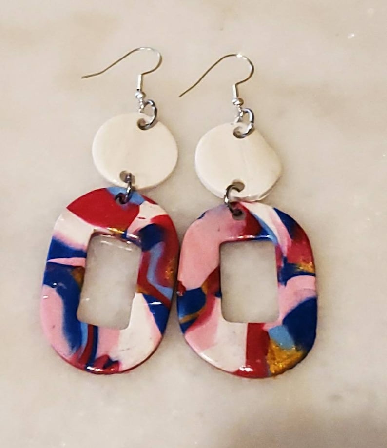 oval circle pink and white Polymerclay dangle drop statement earrings sterling silver Irresistible splatter