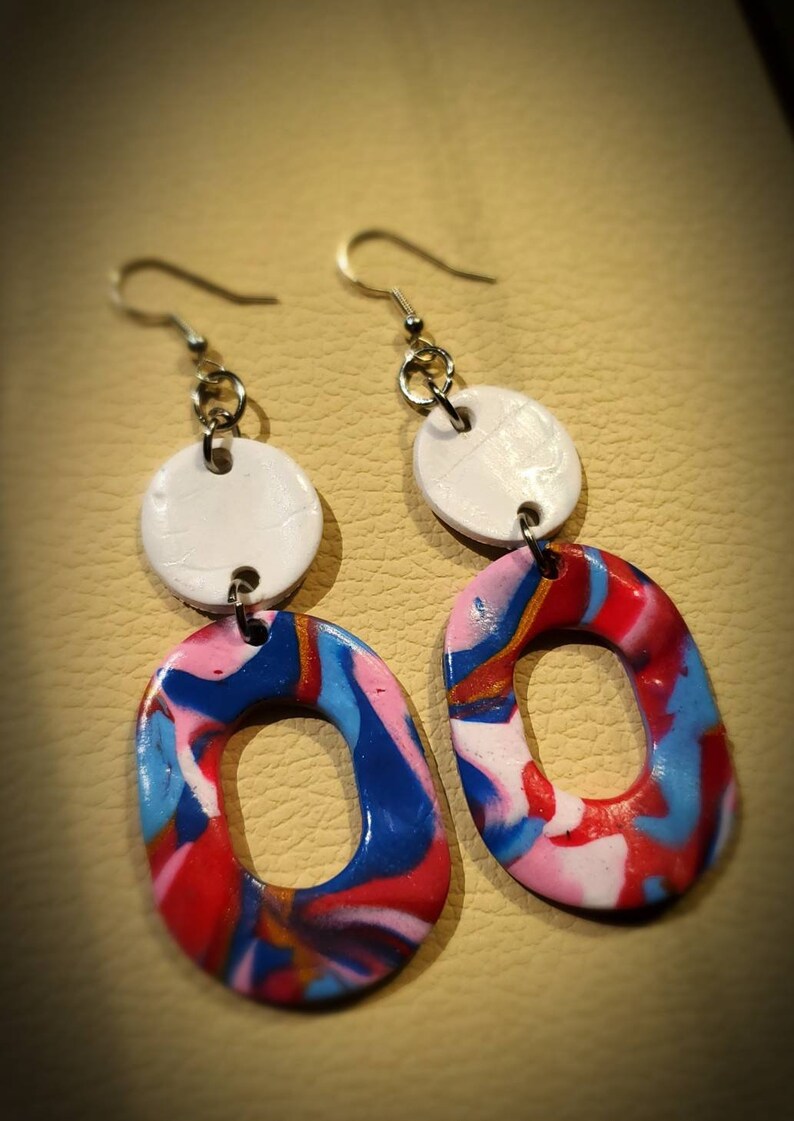 oval circle pink and white Polymerclay dangle drop statement earrings sterling silver Irresistible splatter