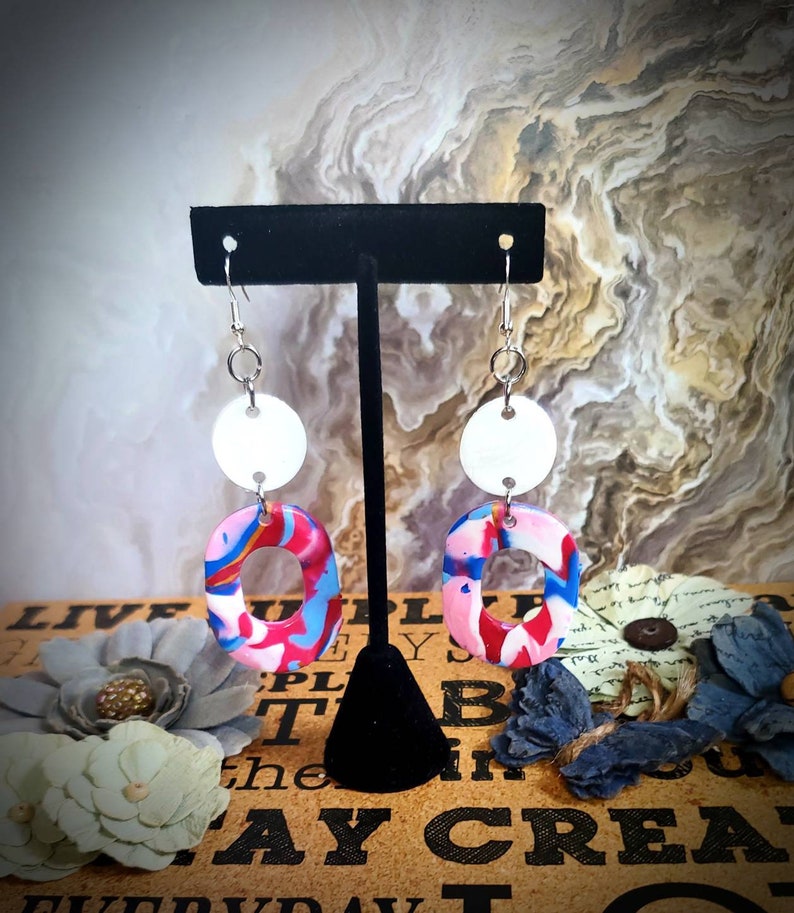 oval circle pink and white Polymerclay dangle drop statement earrings sterling silver Irresistible splatter
