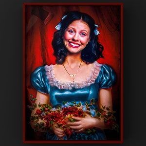 May include: A framed portrait of a woman in a teal dress holding a bouquet of red and blue flowers. The woman is smiling with a wide grin. The background is red with the faint outline of axes.