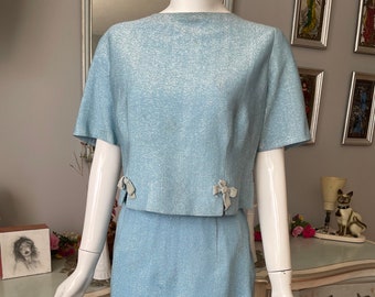 1960s Powder Blue Sparkly Lurex 2-Piece Top and Skirt Set w Velvet Bows