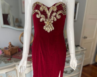 Burgundy Red Velvet Gown Gold Jewels Sequins High Slit Vintage