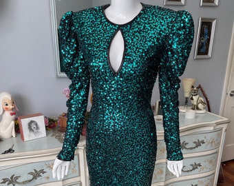 Emerald Green and Black Custom-Made Sequin and Beaded Evening Gown Lady Gaga Sleeve Sparkle Holiday