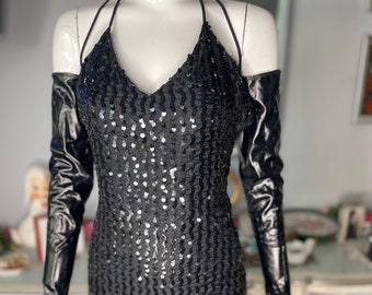 Goth Vamp Disco 1970s "Joy Stevens" Black Sequin Dress