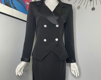 1980s Iconic David Hayes Tuxedo-style Silk Skirt Suit Set w Rhinestone buttons