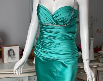 Vintage Style Teal Burlesque Gown Rhinestone Straps Open Back