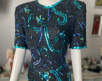 Teal and Blue Sequin Black Party Dress "Stenay" 80s Fireworks