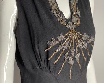 Vintage 1930s Bias Cut Beaded Black Dress Art Deco