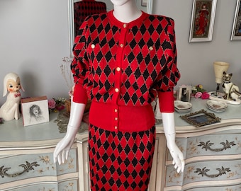 Vintage Red and Black Harlequin Knit Skirt and Sweater Set
