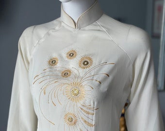 Vintage Handpainted QiPao Cheongsam Asian Dress Boho Bridal Gold Sunflowers