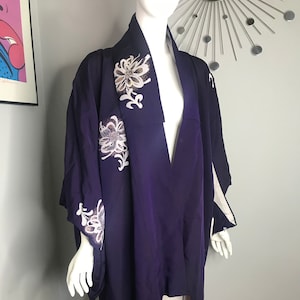 Early Showa Vintage Purple Kimono with Woven Metallic Flowers