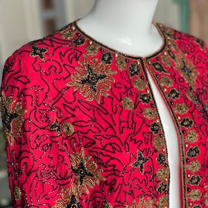 Papell Boutique 90s Red Black Gold Beaded Cardigan Blazer Silk
