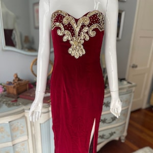 Burgundy Red Velvet Gown Gold Jewels Sequins High Slit Vintage