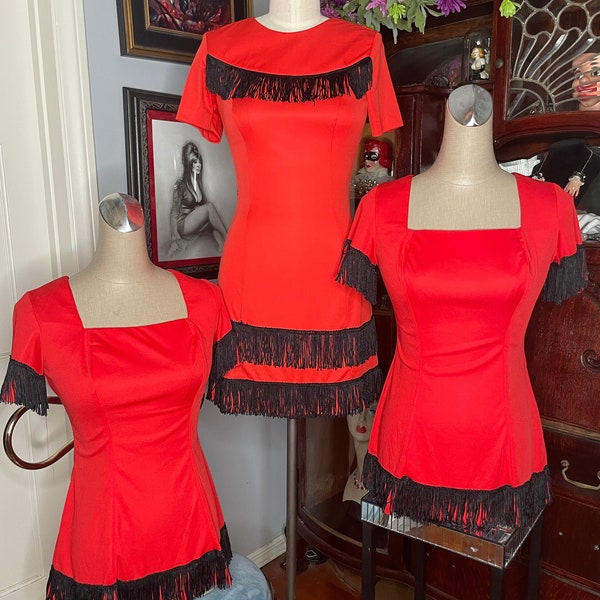 VTG 1960s House of Uniforms Red Black Fringe Dress and Top Set 3 Piece Lot GoGo Dance