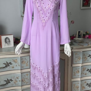 Vintage Handpainted Hawaiian 1970s Lavender High Slit Glitter Dress