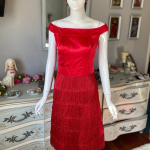 Red Satin Fringe Wiggle Dress Vintage 60s image 1