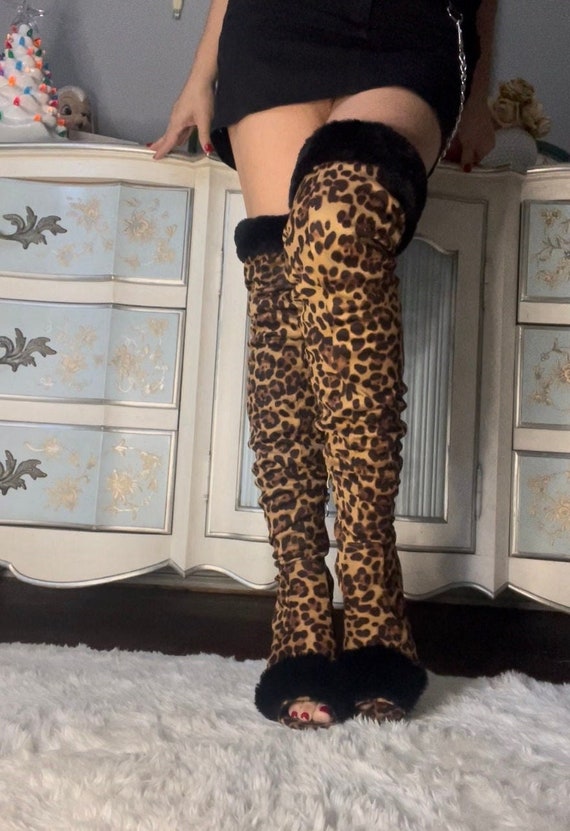 Leopard Print Faux Fur Thigh High Boots