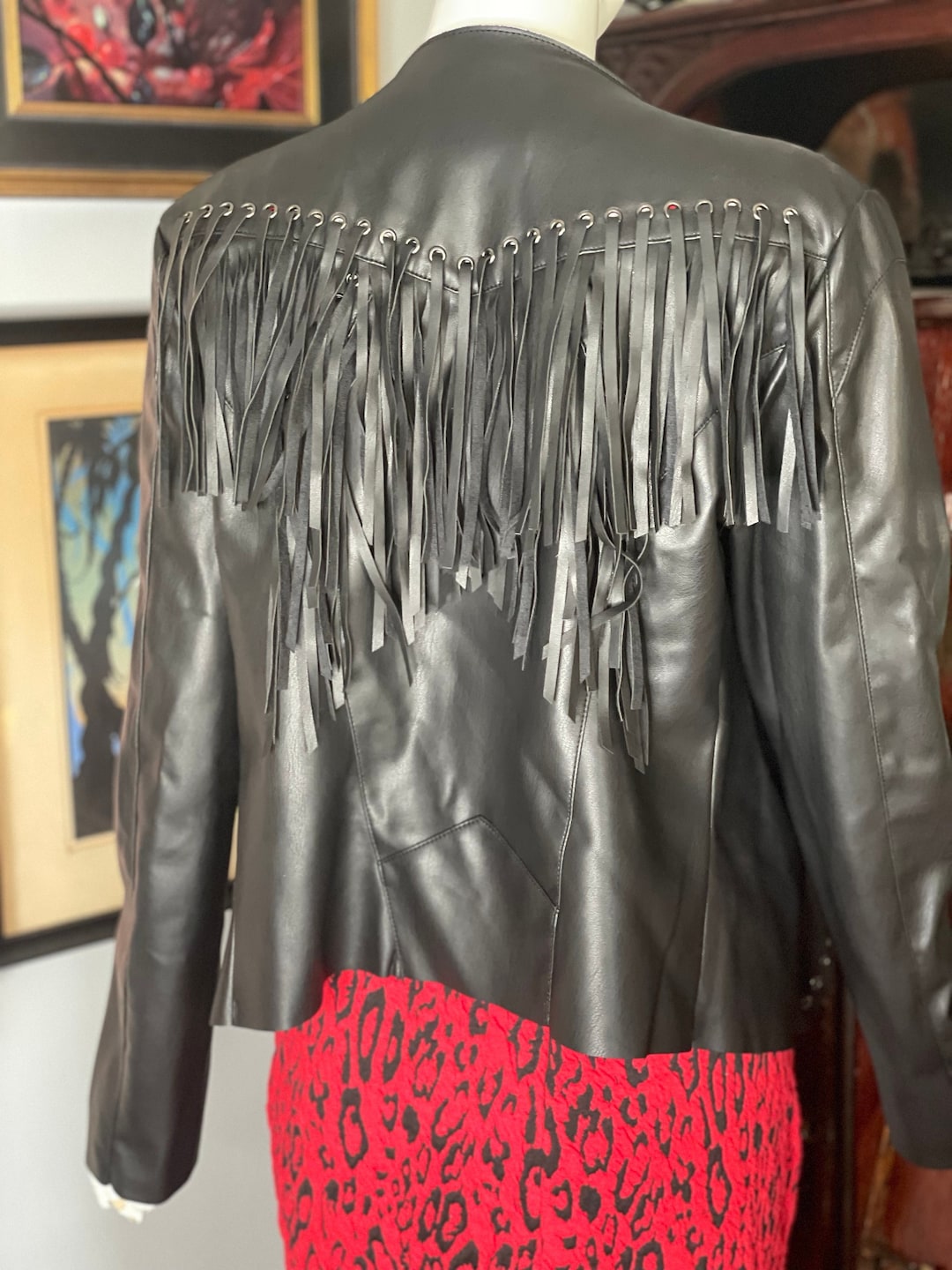 Fringed Faux Leather Jacket Black Guess Etsy
