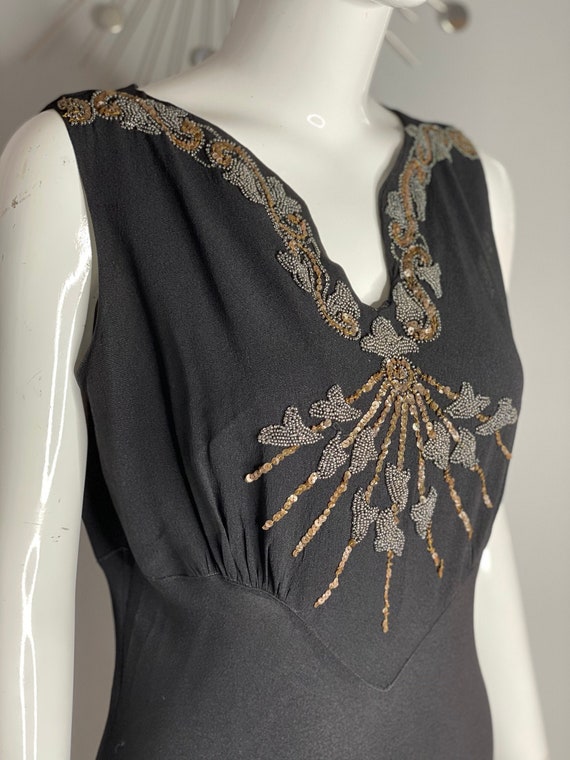 Vintage 1930s Bias Cut Beaded Black Dress Art Deco