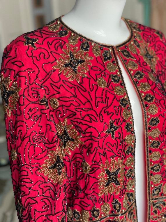 Papell Boutique 90s Red Black Gold Beaded Cardigan