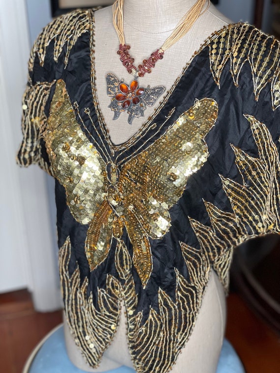 Sparkly 70s Gold Sequin Disco Butterfly Blouse