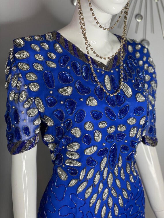 True Blue Sequin Teardrop 1980s Glamour Dress - image 6