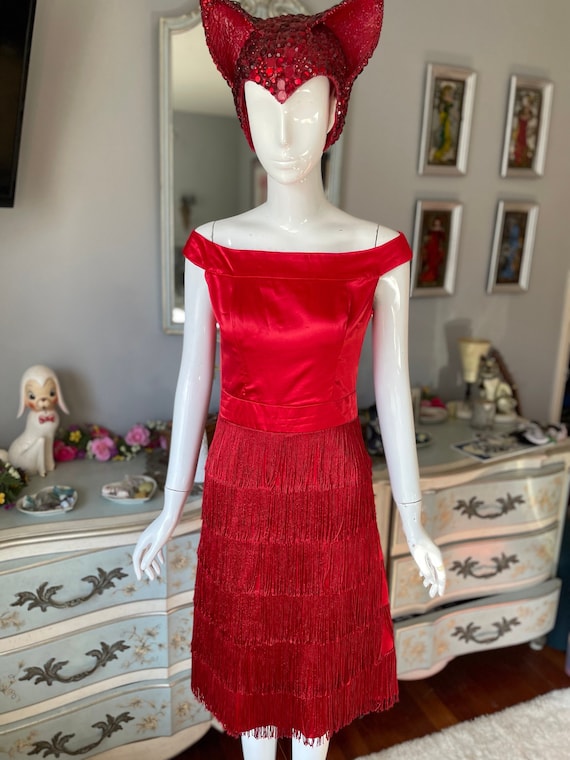 red satin wiggle dress Red Satin Fringe Wiggle Dress Vintage 60s