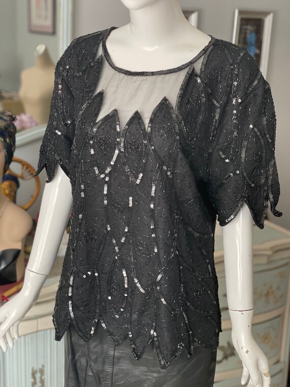 Black Sheer Beaded Spiderweb Sequin Blouse Nude I… - image 4