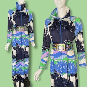 VTG 1970s Psychedelic David Brown Maxi House Dress Blue Green