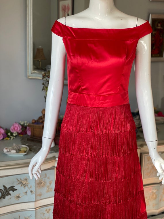 Red Satin Fringe Wiggle Dress Vintage 60s - image 2