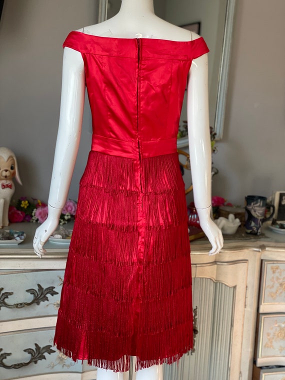 Red Satin Fringe Wiggle Dress Vintage 60s - image 5