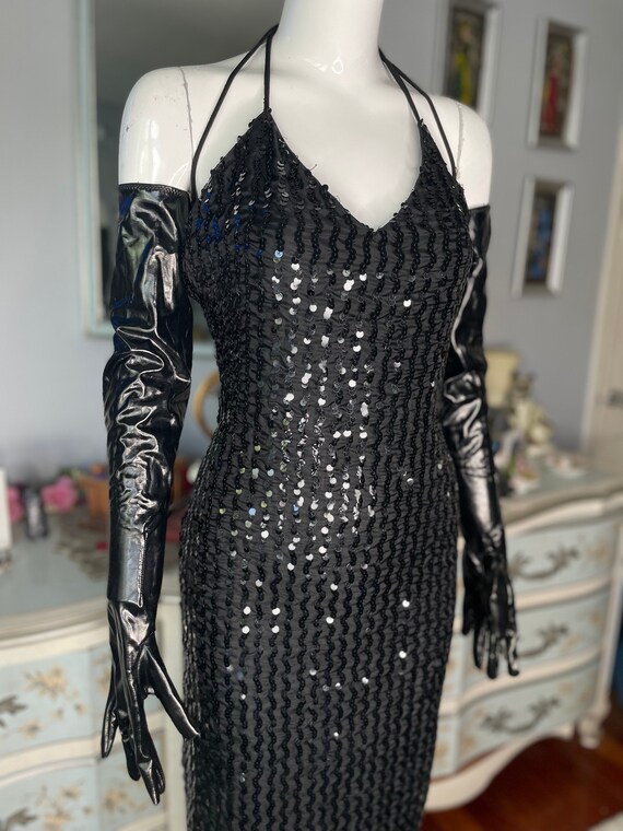 70's Black V-Neck Dress with Tie Waist by Joy Stevens main image 1