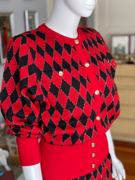 Vintage Red and Black Harlequin Knit Skirt and Sw… - image 7