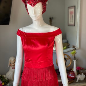 Red Satin Fringe Wiggle Dress Vintage 60s image 9