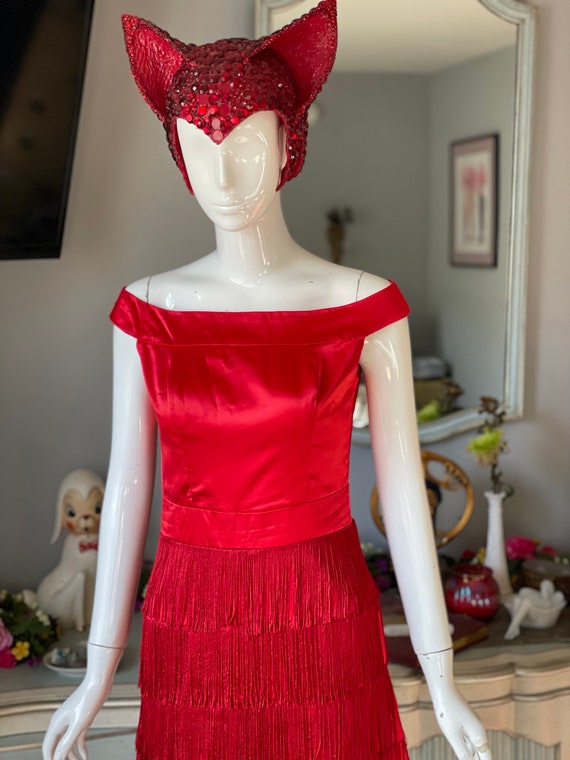 Red Satin Fringe Wiggle Dress Vintage 60s - image 9