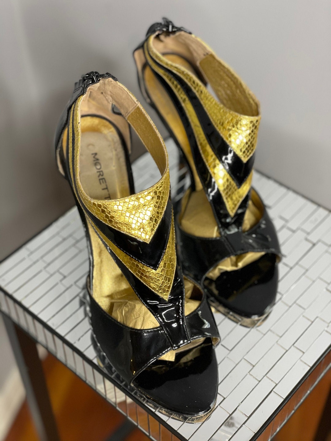 Black Patent Leather Gold Snakeskin Designer Alberto Moretti
