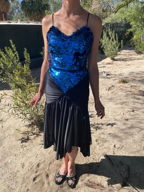 Blue Sequin Disco 70s Dress