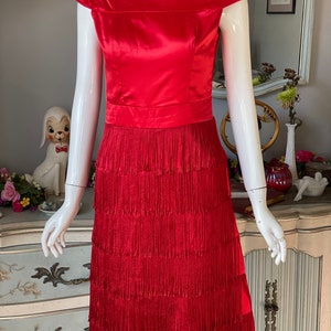 Red Satin Fringe Wiggle Dress Vintage 60s image 10