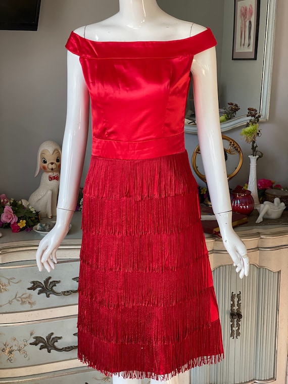 Red Satin Fringe Wiggle Dress Vintage 60s - image 10