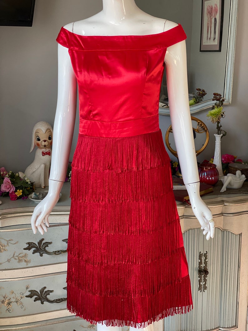 Red Satin Fringe Wiggle Dress Vintage 60s image 10