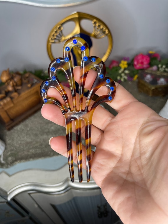 Antique Tortoise Shell Blue Rhinestone Hair Combs Antique Edwardian Tortoiseshell Celluloid Hair Comb  main image 2