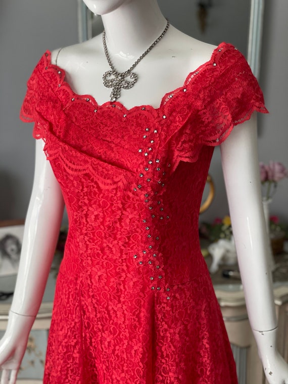 Vintage 1930s Style Coral Red Poppy Lace Evening … - image 1