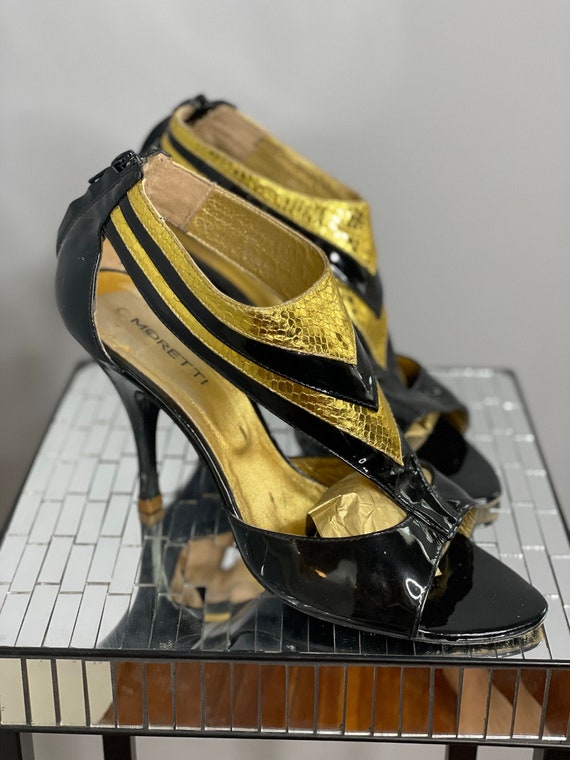 Black Patent Leather Gold Snakeskin Designer Alberto Moretti