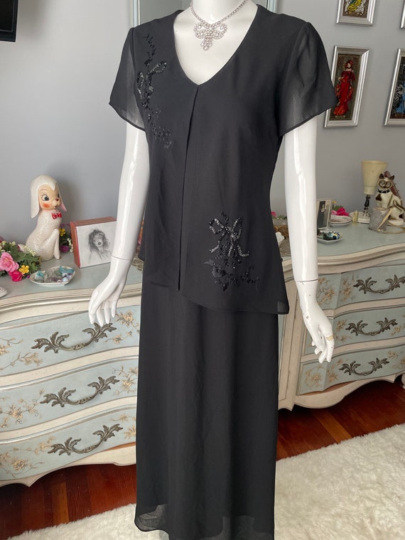 Vintage Black Beaded Victorian Bow Dress 80s does… - image 3