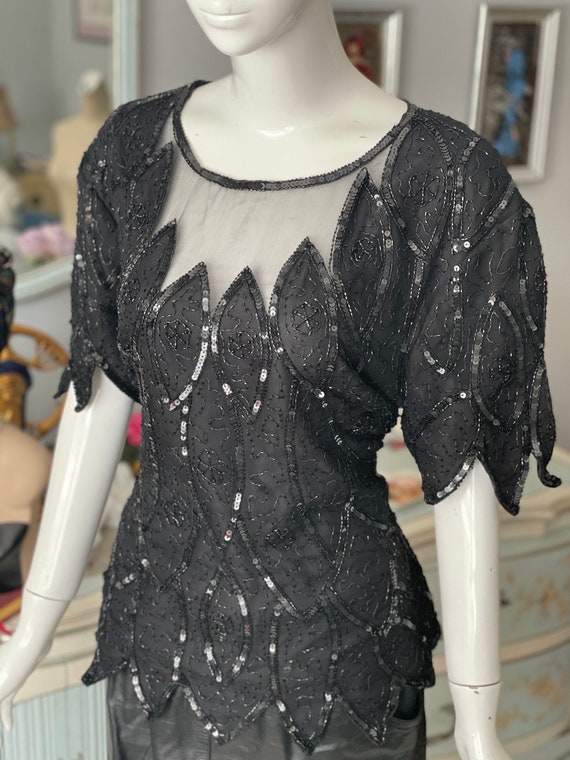 Black Sheer Beaded Spiderweb Sequin Blouse Nude I… - image 1