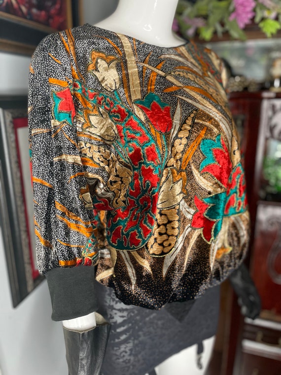 VTG 80s Western Connection Velvet Floral Top Gold… - image 5