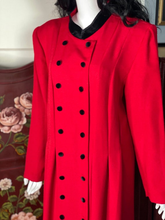 Red 1930s Style Coat with Black Velvet Buttons an… - image 1