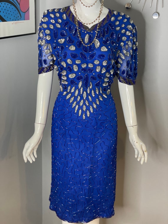 True Blue Sequin Teardrop 1980s Glamour Dress - image 3