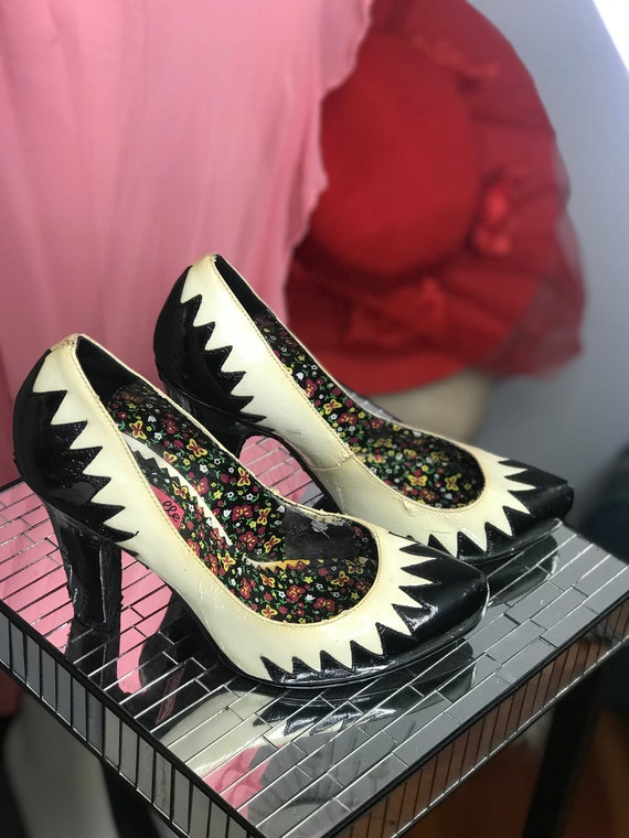 Art Deco Black n White Betsey Johnson Fetish Heel… - image 1